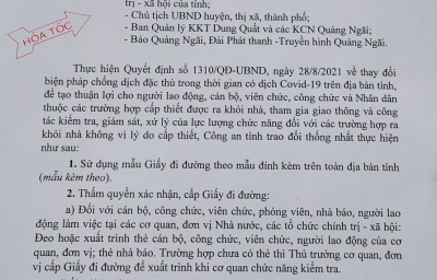 Quảng Ngãi: Thống nhất mẫu giấy đi đường trong thời gian giãn cách xã hội theo Chỉ thị 16/CT-TTg